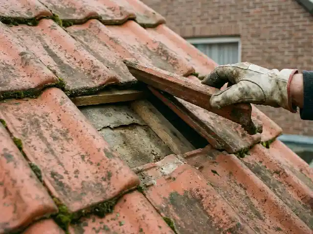 Controle van oude kleipannen op een woning uit de jaren zestig
